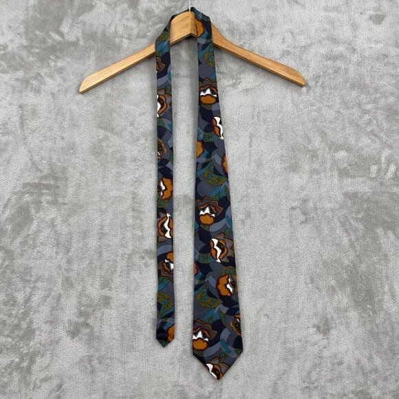 Vintage Oscar de la Renta Couture Collection Abstract Blue Brown Tie 100% Silk - Picture 2 of 5